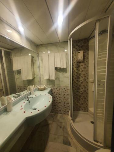a bathroom with a sink and a shower at Horus Eye Nile Cruse in Luxor