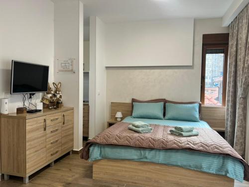 a bedroom with a bed and a flat screen tv at Vila Lago Apartman Podgorac br.4 in Zlatibor