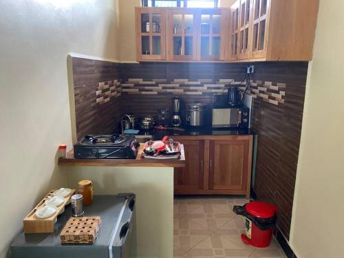 a small kitchen with a stove and a counter top at Town Retreat Moshi in Moshi