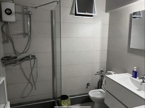 a bathroom with a shower and a toilet and a sink at Exclusive ladadika apartment 1 in Thessaloniki