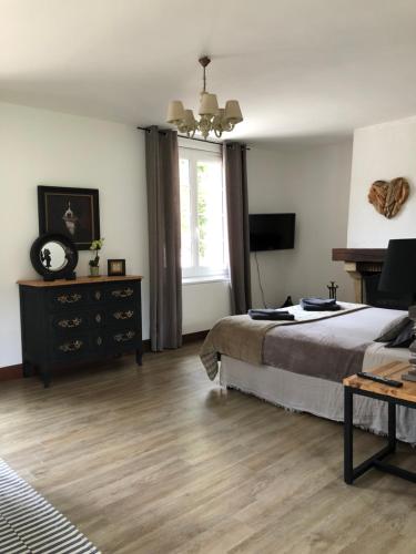 1 dormitorio con 1 cama, vestidor y TV en Le pigeonnier de la Farge, en Chaumont-sur-Tharonne