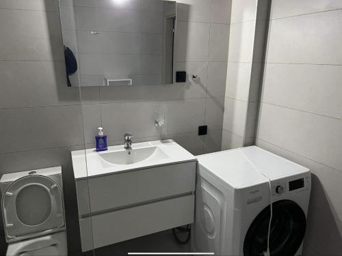 a bathroom with a sink and a washing machine at Exclusive ladadika apartment 2 in Thessaloniki