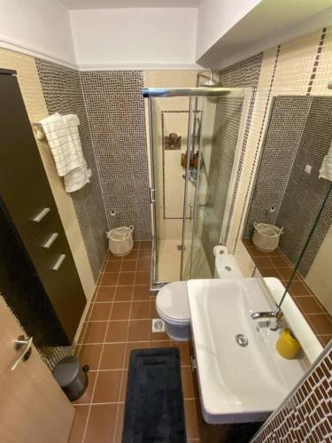a bathroom with a shower and a sink and a toilet at East Coast Senses in Thessaloniki