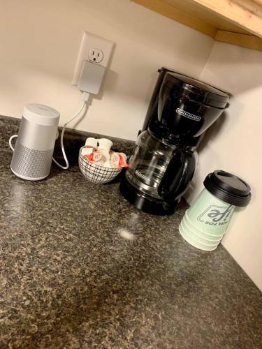a blender sitting on a counter next to an electrical outlet at Peaceful Seasonal Wooded Cottage close to everything in Tafton