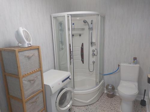 ein Bad mit einer Dusche und einem WC in der Unterkunft Petite maison lirenolles 