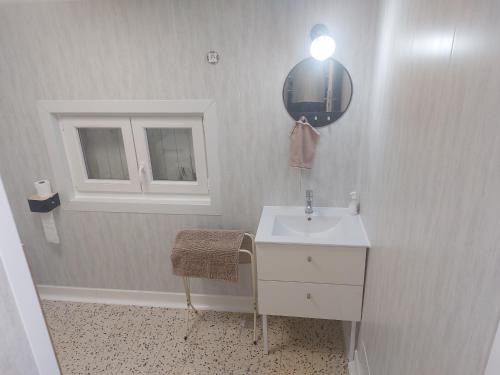 ein weißes Badezimmer mit einem Waschbecken und einem Spiegel in der Unterkunft Petite maison lirenolles 