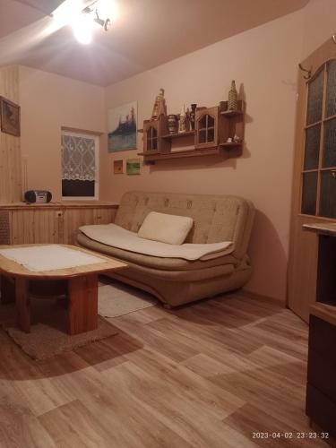a living room with a couch and a table at Agrohaczow za rzeką Apartament 8-osobowy in Haczów
