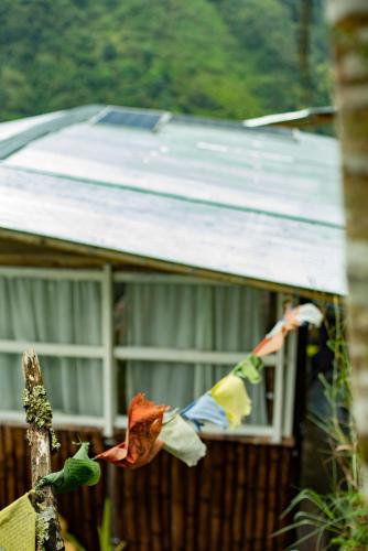 a group of kites flying in front of a house at Cabaña Eco amigable en medio de la montaña. in Pastales