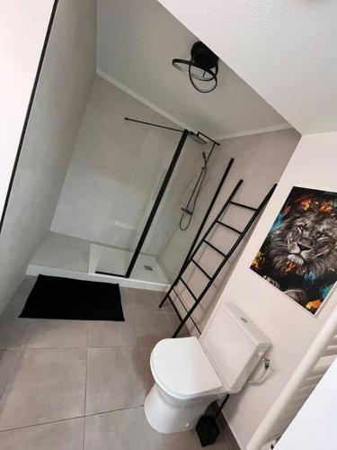 W pokoju znajduje się łazienka z białą toaletą. w obiekcie La suite w mieście Castelnau-le-Lez
