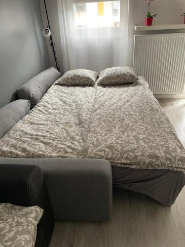 a large bed in a room with a bed sidx sidx sidx at Studio apartment with sofa in Krakow