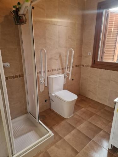 een kleine badkamer met een toilet en een douche bij A Casa da Lúa in Nieves