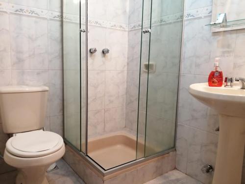 a bathroom with a shower and a toilet and a sink at Departamento céntrico - 3 habitaciones in Sucre