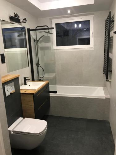 a bathroom with a tub and a toilet and a sink at Pszczelna Loft in Kraków