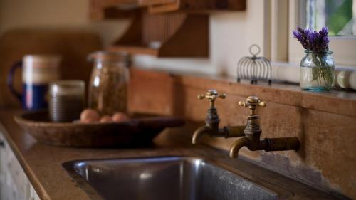 北哈夫洛克的住宿－Rush Cottage，厨房水槽,柜台上放着一碗鸡蛋