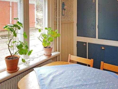 um quarto com uma mesa e dois vasos de plantas numa janela em Holiday home FÄRGELANDA V em Färgelanda