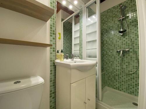 une salle de bain avec un lavabo, une douche et des toilettes dans l'établissement Studio avec terrasse et loggia à 400m de la plage à Perros-Guirec - FR-1-368-381, à Perros-Guirec