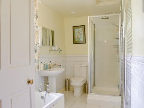 a bathroom with a toilet and a sink and a shower at Black Bank House in Studdon
