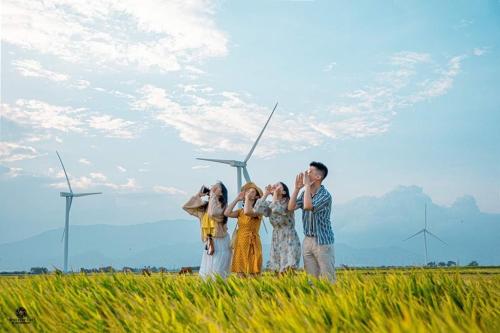 un grupo de personas de pie en un campo con turbinas eólicas en Hoa Hướng Dương Hotel, en Phan Rang