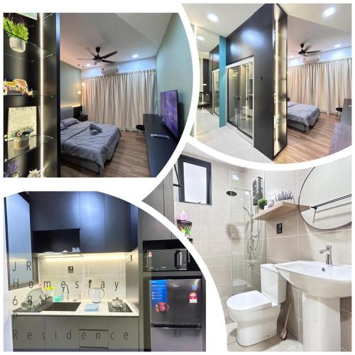 een collage van drie foto's van een badkamer en een slaapkamer bij Jeff and Ricky Homestay 68 @P Residence in Kuching