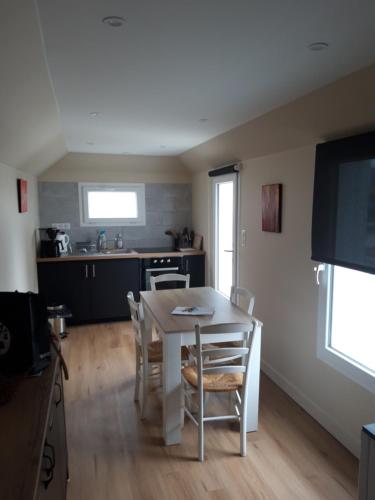 une cuisine et une salle à manger avec une table et des chaises dans l'établissement T1 indépendant Cosy 150m plage, à Saint-Malo