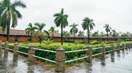 a fence in the rain with palm trees in the background at Hokke Lumbini in Lumbini