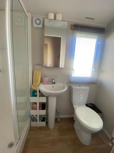 a bathroom with a toilet and a sink and a shower at Skye Breaks in Sheerness