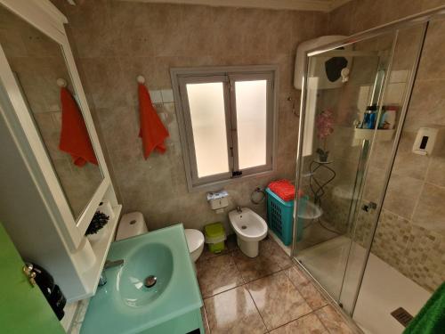 a bathroom with a shower and a toilet and a sink at Apartment & Beach breakfast free in Playa del Burrero