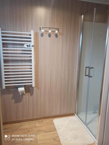 La salle de bains est pourvue d'une douche et d'une cabine de douche en verre. dans l'établissement Kalon Vreizh, à Penvénan