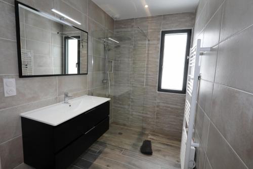 a bathroom with a sink and a shower and a mirror at Maison le Pré de Paul in Saint-Savin