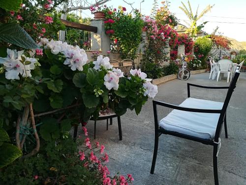 2 chaises assises dans un jardin fleuri dans l'établissement Villa delle rose, à Bova Marina
