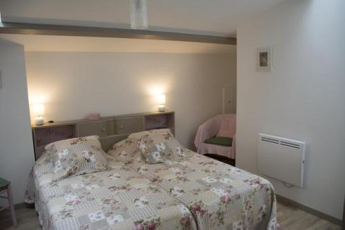 a bedroom with a bed with a blanket and pillows at Gite de la haute roche in Charroux