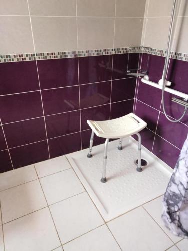 un banc dans une salle de bain avec un mur violet dans l'établissement Gite du pont de maille, à Saint-Martin-lʼArs