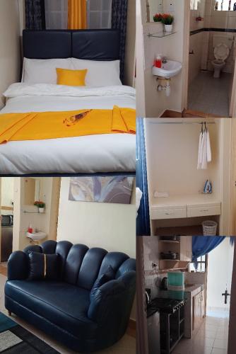 eine Collage mit Bildern eines Schlafzimmers und einer Couch in der Unterkunft SGH Furnished Studio Homes South B Nairobi in Nairobi