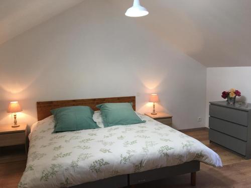 1 dormitorio con 1 cama con 2 mesitas de noche y 2 lámparas en Le gite de scevolles, en Verrue