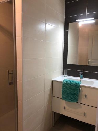 une salle de bain avec un lavabo et un miroir dans l'établissement Rive de gartempe, à Vicq-sur-Gartempe