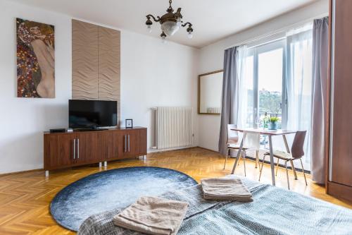 a living room with a large rug and a tv at Danube Apartment in Budapest