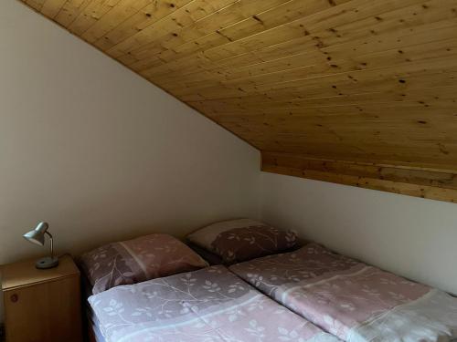 sypialnia z 2 łóżkami i drewnianym sufitem w obiekcie Chata Bezdrev u Hluboké nad Vltavou w mieście Hluboká nad Vltavou