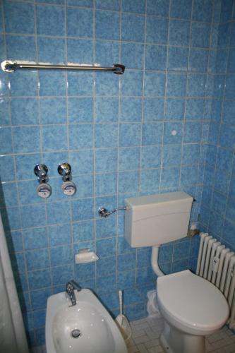a blue tiled bathroom with a toilet and a sink at Panorama Appartement Predigtstuhl in Bad Reichenhall
