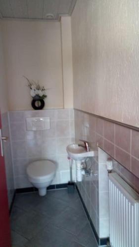 une salle de bain avec toilettes et lavabo dans l'établissement Gîtes les Floralies Le Magnolia, à Neuve-Église