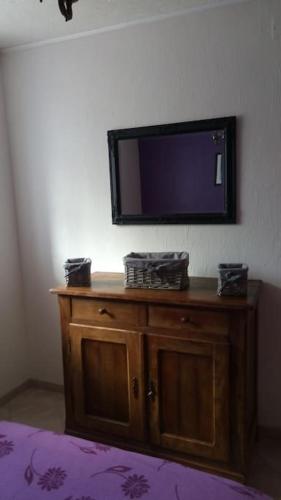 - une télévision installée au-dessus d'un meuble en bois dans l'établissement Gîtes les Floralies Le Magnolia, à Neuve-Église