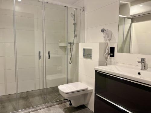 a bathroom with a shower and a toilet and a sink at Apartamenty Sopot19 in Sopot