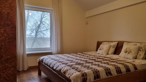 a bedroom with a bed in front of a window at Sodyba PILIAKIEMIS in Kurkliškės