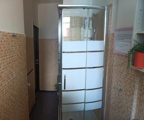 una ducha en un baño con puerta de cristal en BB Torino Chicca Stadio Olimpico, en Turín