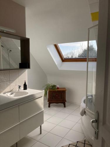 a bathroom with a sink and a toilet and a skylight at Maison Mama Neko in Pontorson