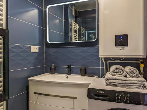 y baño con lavabo y espejo. en Les Fins Nord, appartement 2 étoiles confortable a Annecy, en Annecy
