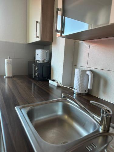 um lavatório de aço inoxidável numa cozinha com pisos de madeira em Green Park Apartment em Bremerhaven