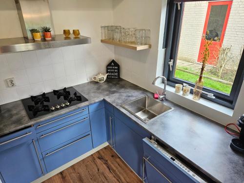 a kitchen with blue cabinets and a sink and a window at 7 person House with swing, firepit, hammock, garden, swimming lake, child friendly, in- and outside playground, and great coffee in Ewijk