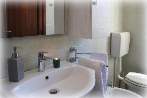 ein Badezimmer mit einem weißen Waschbecken und einem WC in der Unterkunft Tenuta Piana 2 con accesso diretto al mare in Caronia