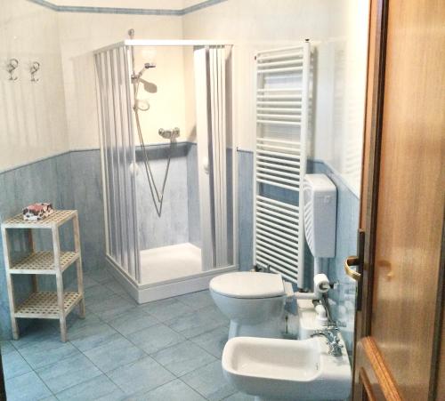 a bathroom with a shower and a toilet and a sink at Appartamento Turistico FRAU A in Sinalunga