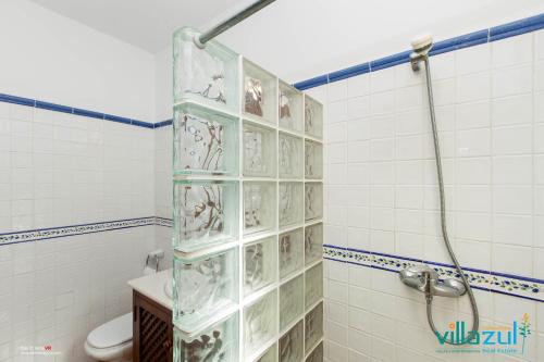 ein Badezimmer mit Dusche mit Glastür in der Unterkunft Villa Luz del Puerto in San José